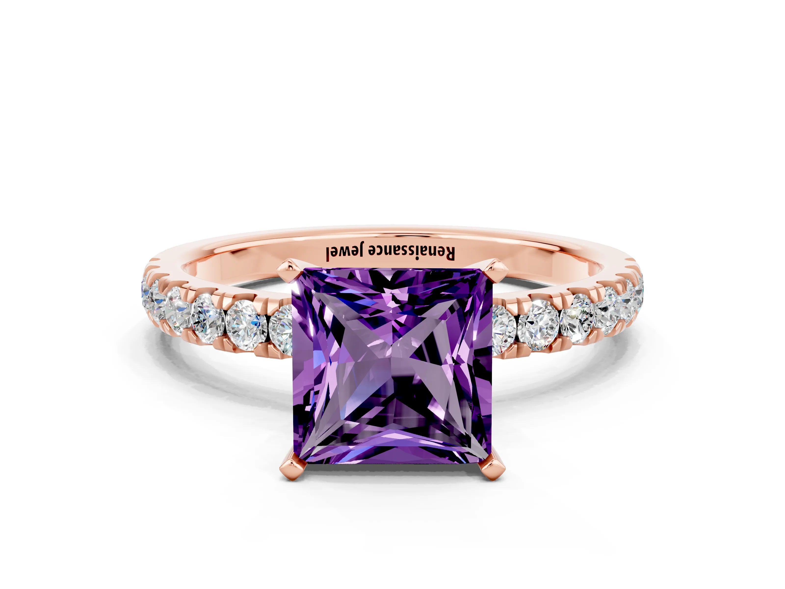 Rose gold Princess Cut Amethyst Solitaire Ring with Pavé Accents and Four-Prong Setting
