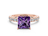Rose gold Princess Cut Amethyst Solitaire Ring with Pavé Accents and Four-Prong Setting