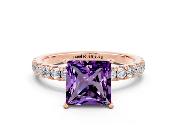 Rose gold Princess Cut Amethyst Solitaire Ring with Pavé Accents and Four-Prong Setting