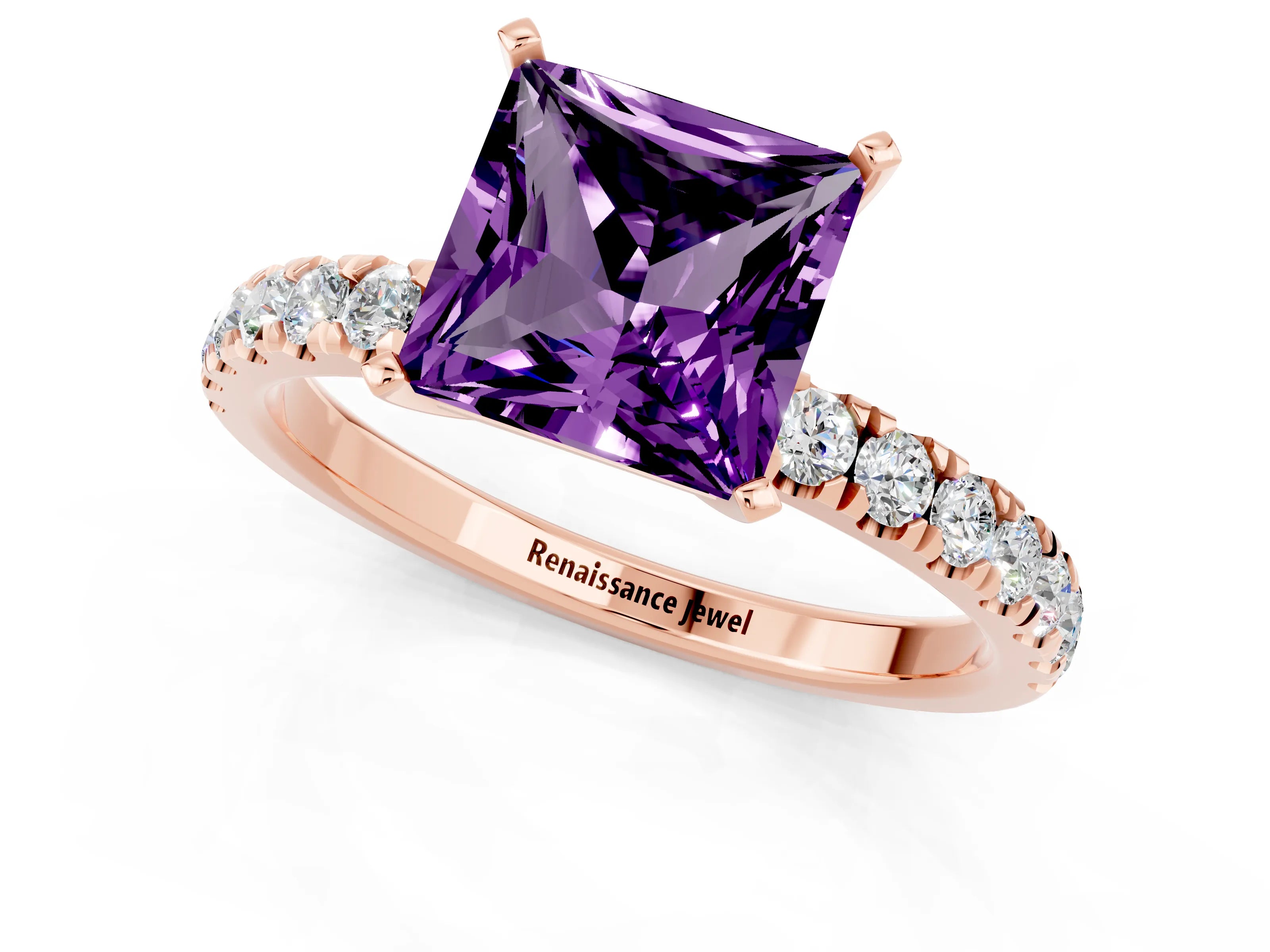 Rose gold Princess Cut Amethyst Solitaire Ring with Pavé Accents and Four-Prong Setting_1