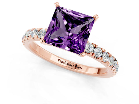 Rose gold Princess Cut Amethyst Solitaire Ring with Pavé Accents and Four-Prong Setting_1