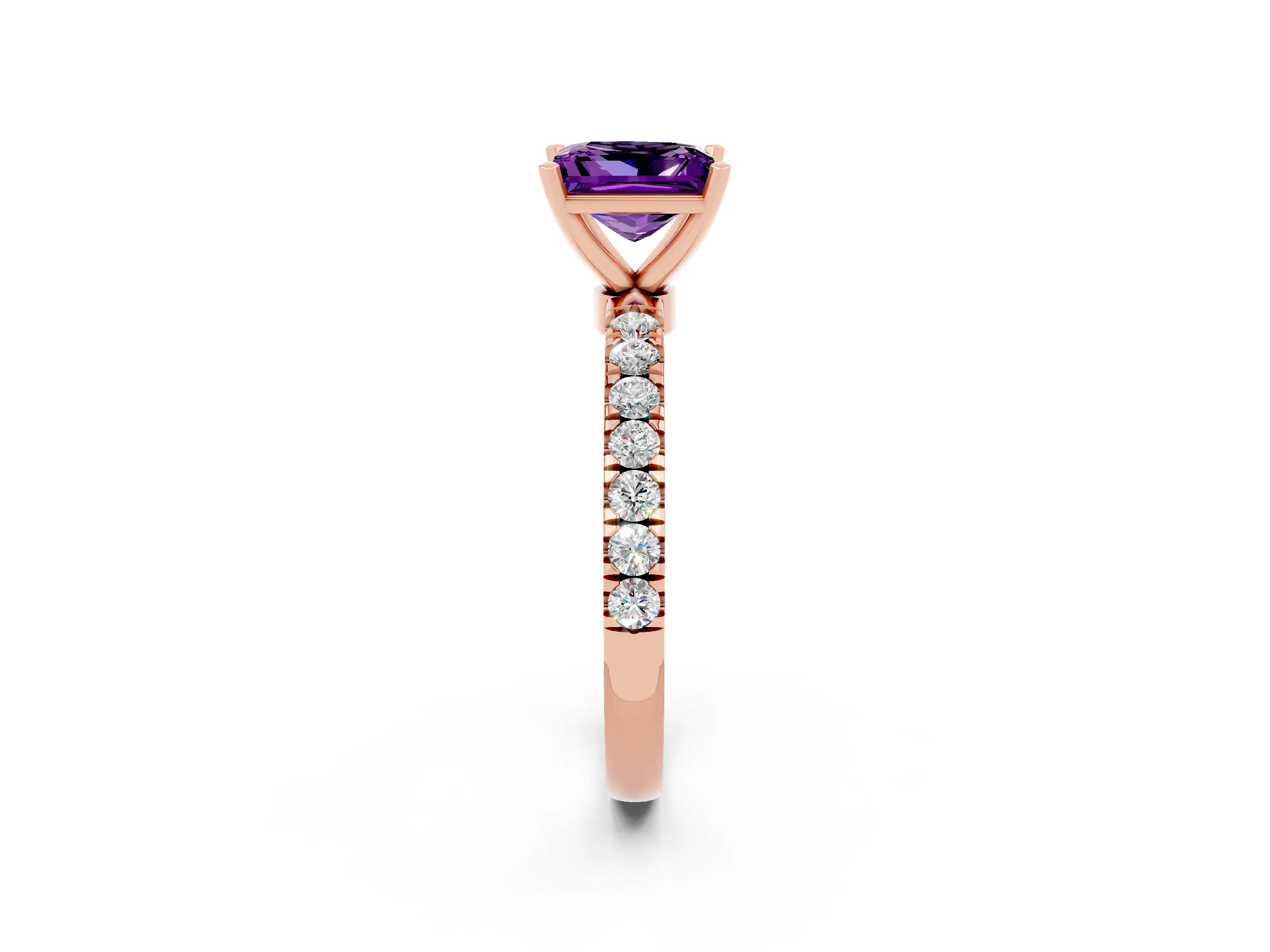 Rose gold Princess Cut Amethyst Solitaire Ring with Pavé Accents and Four-Prong Setting_2