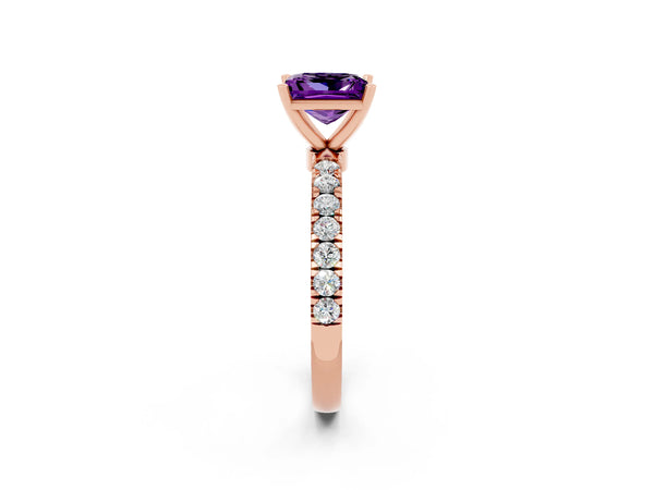 Rose gold Princess Cut Amethyst Solitaire Ring with Pavé Accents and Four-Prong Setting