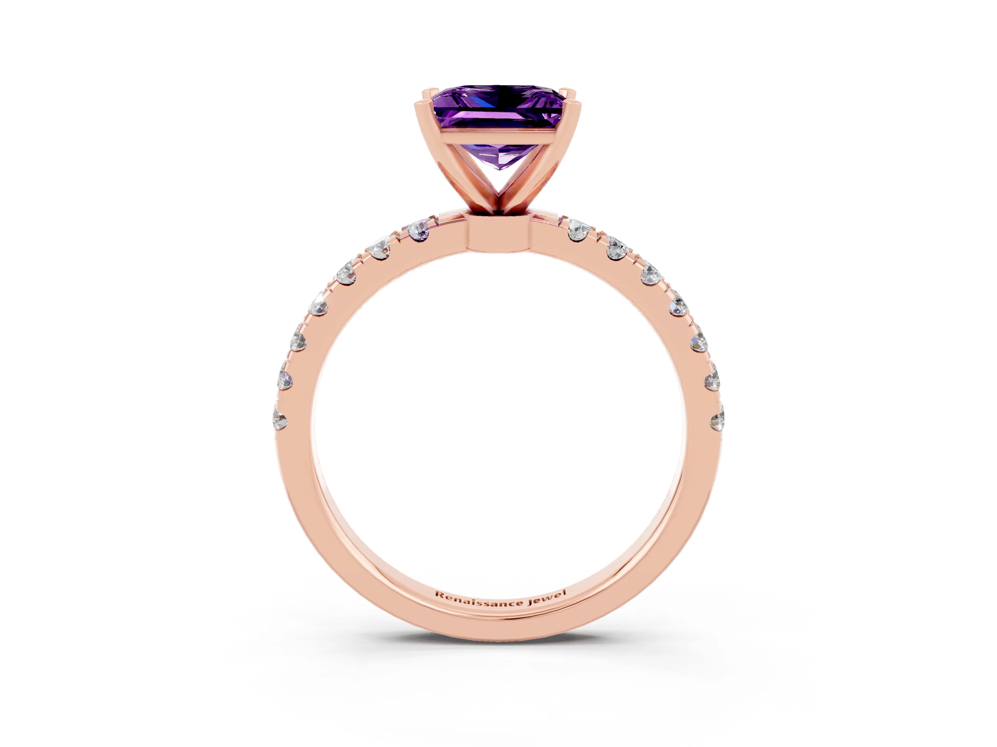 Rose gold Princess Cut Amethyst Solitaire Ring with Pavé Accents and Four-Prong Setting_3