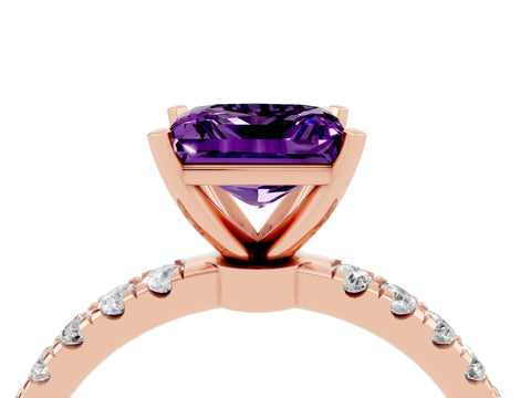 Rose gold Princess Cut Amethyst Solitaire Ring with Pavé Accents and Four-Prong Setting_4