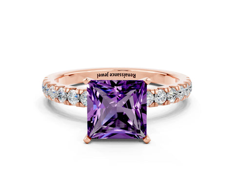 Rose gold Princess Cut Amethyst Solitaire Ring with Pavé Accents and Four-Prong Setting
