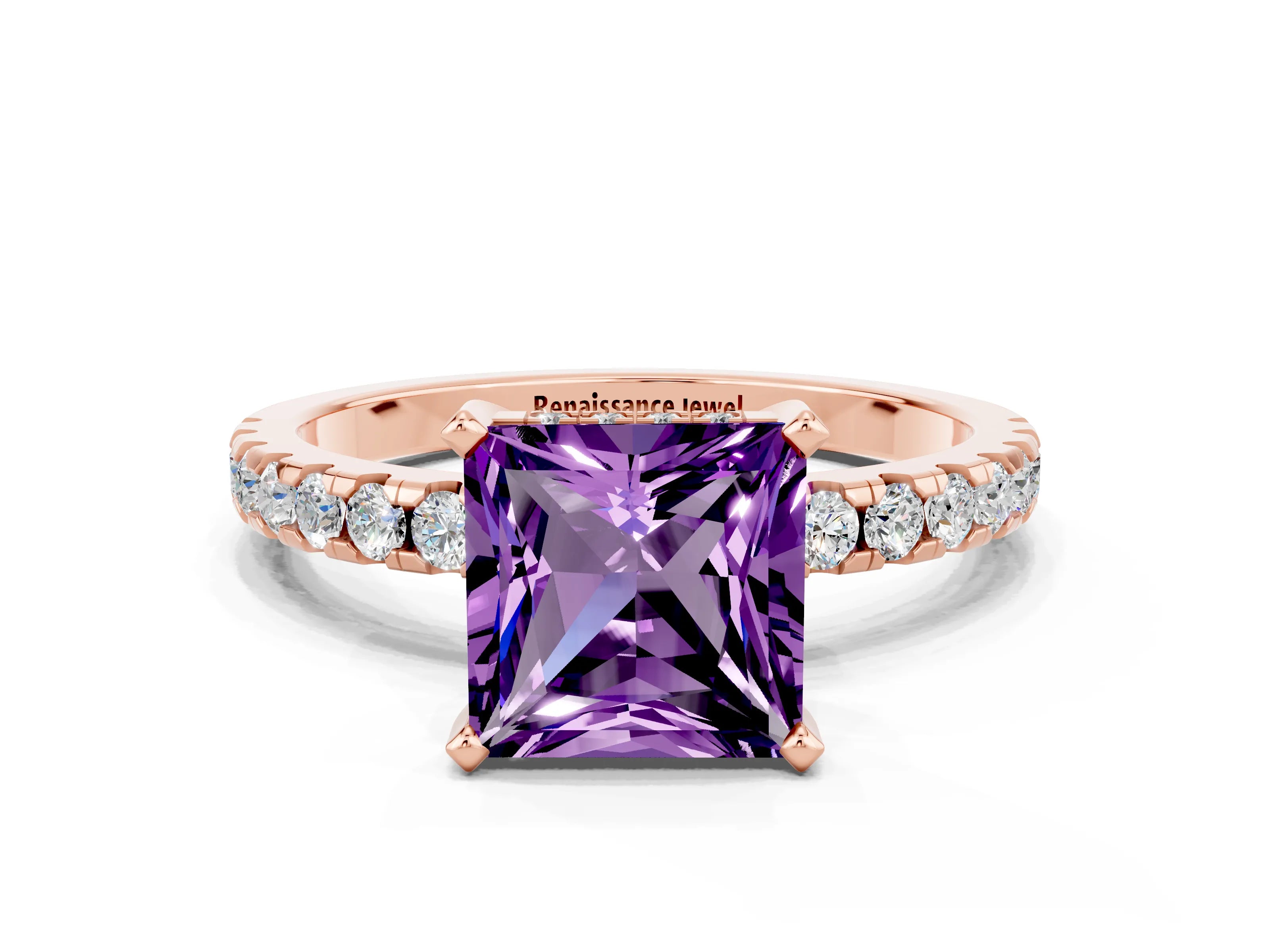 Rose gold Princess Cut Amethyst Solitaire Ring with Pavé Band and Four-Prong Setting_12
