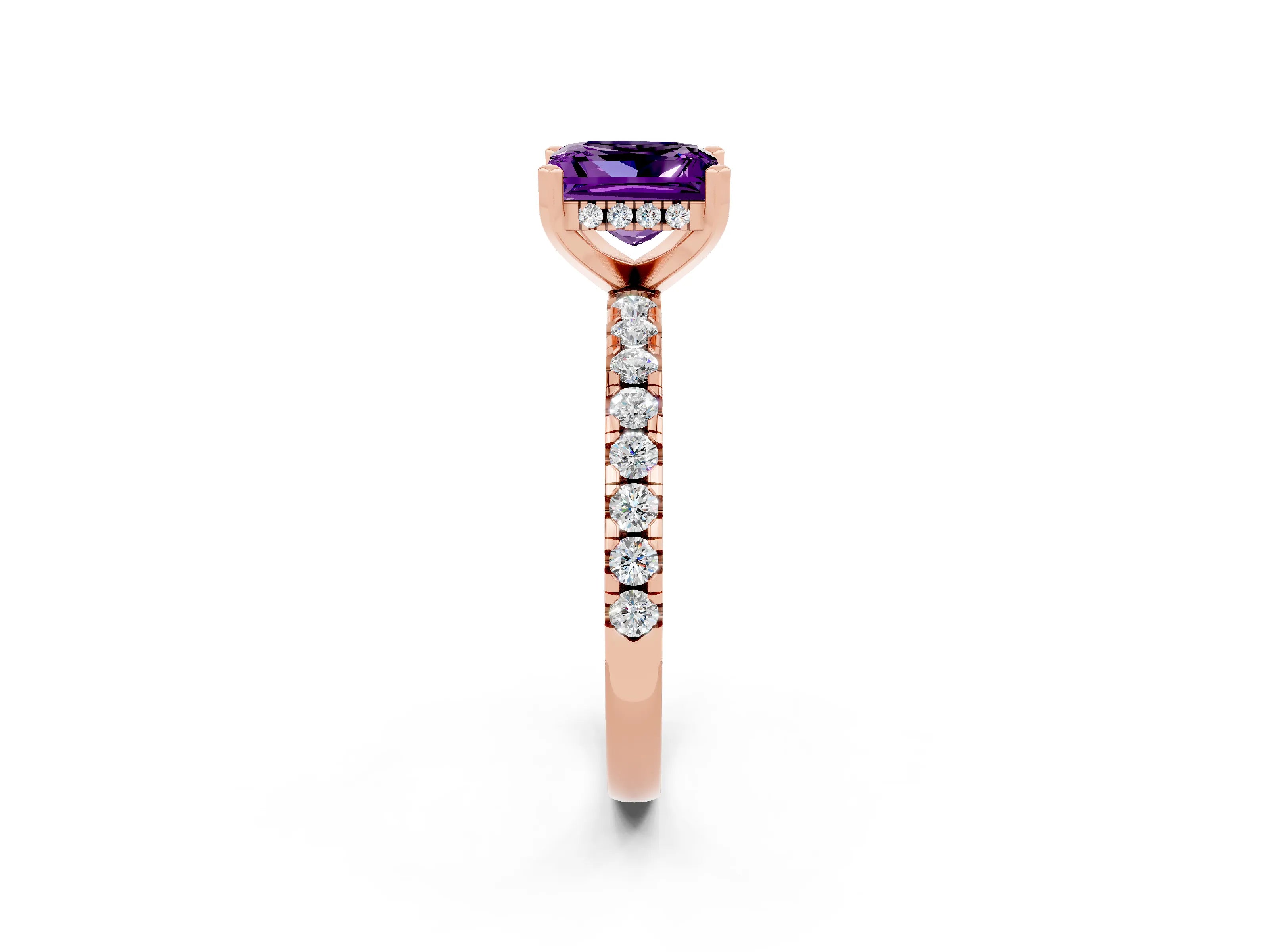 Rose gold Princess Cut Amethyst Solitaire Ring with Pavé Band and Four-Prong Setting_14