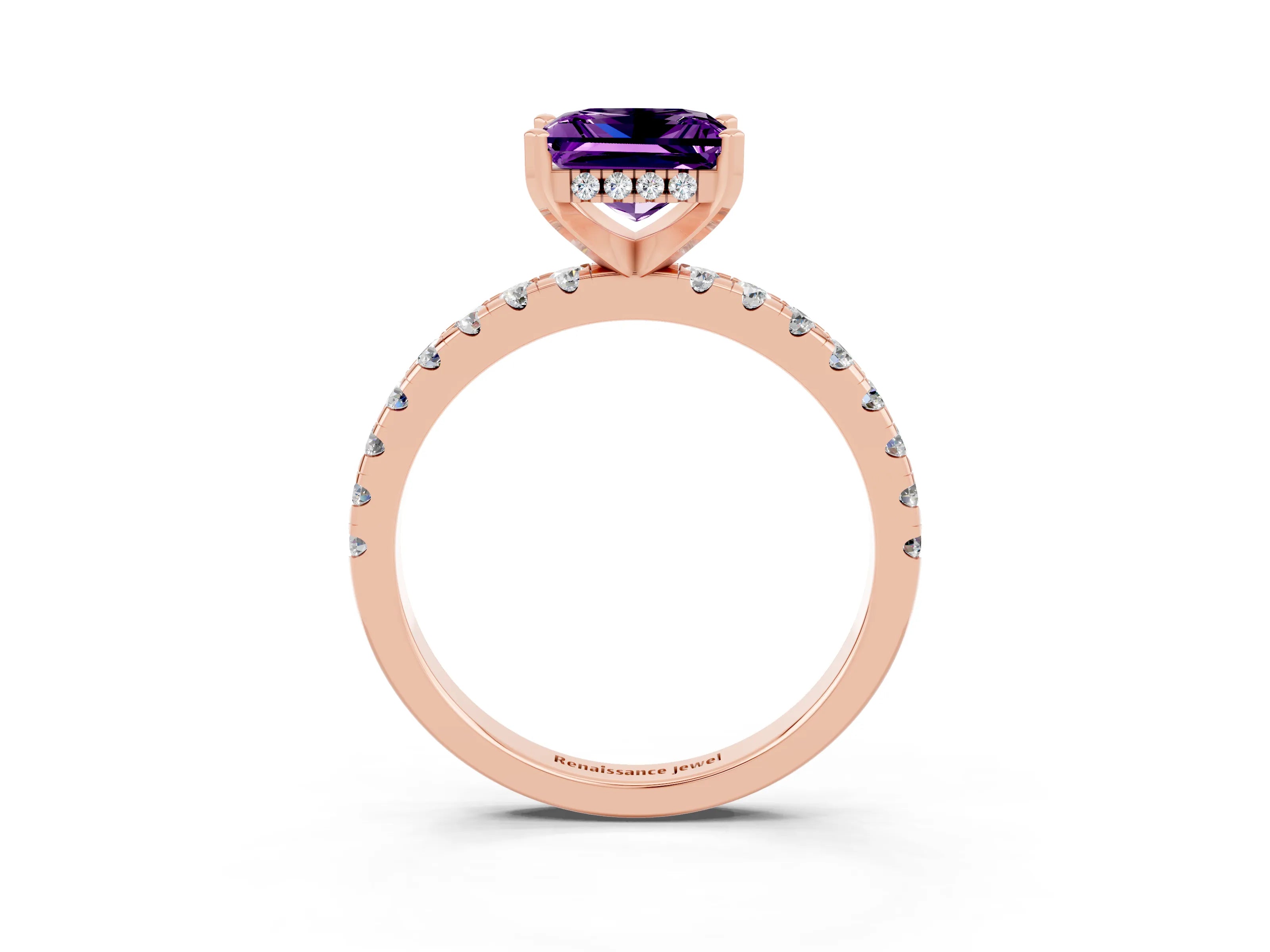 Rose gold Princess Cut Amethyst Solitaire Ring with Pavé Band and Four-Prong Setting_15