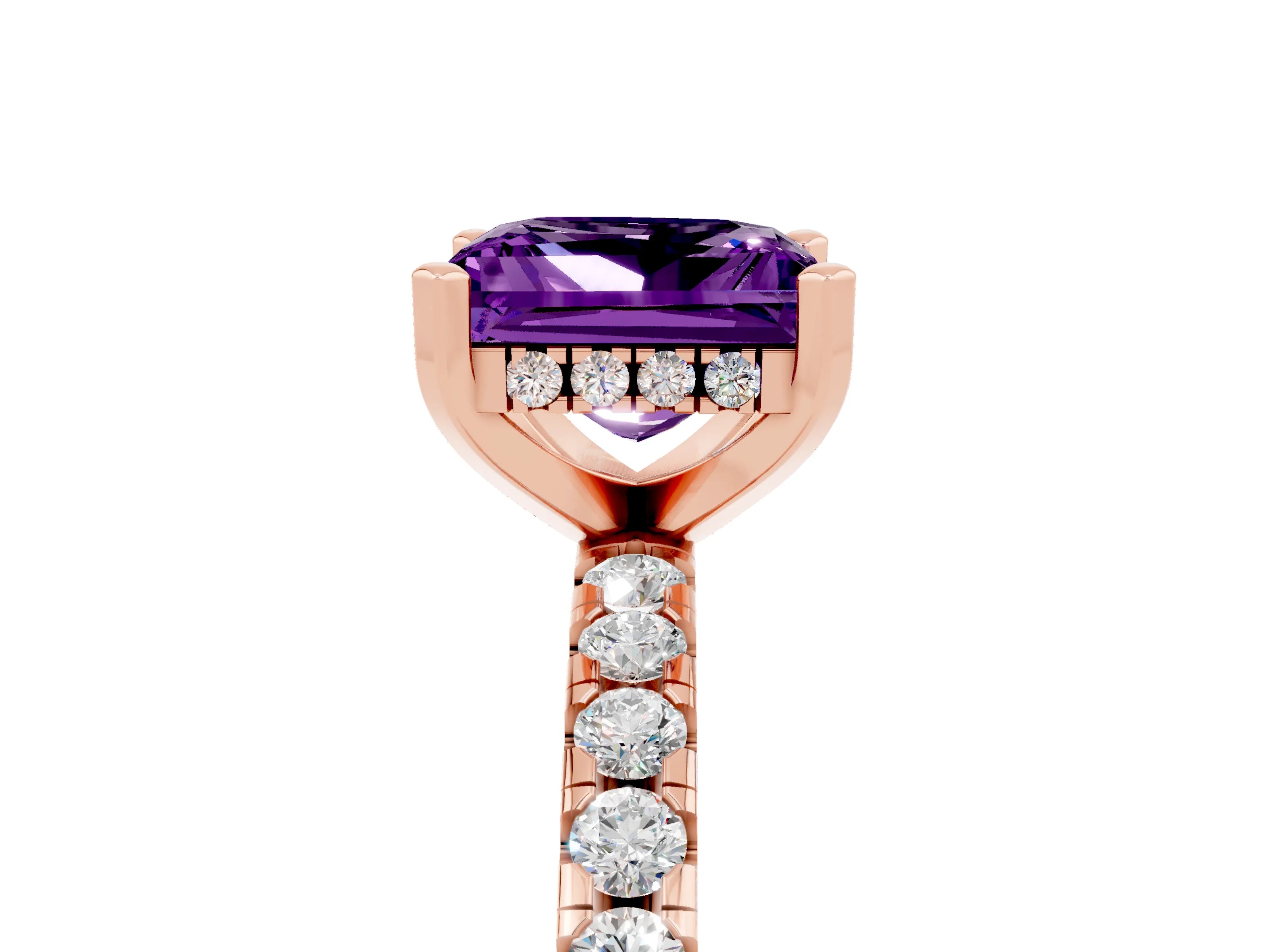 Rose gold Princess Cut Amethyst Solitaire Ring with Pavé Band and Four-Prong Setting_17