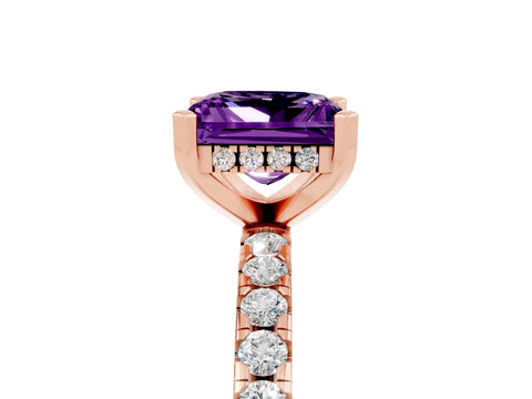 Rose gold Princess Cut Amethyst Solitaire Ring with Pavé Band and Four-Prong Setting_17