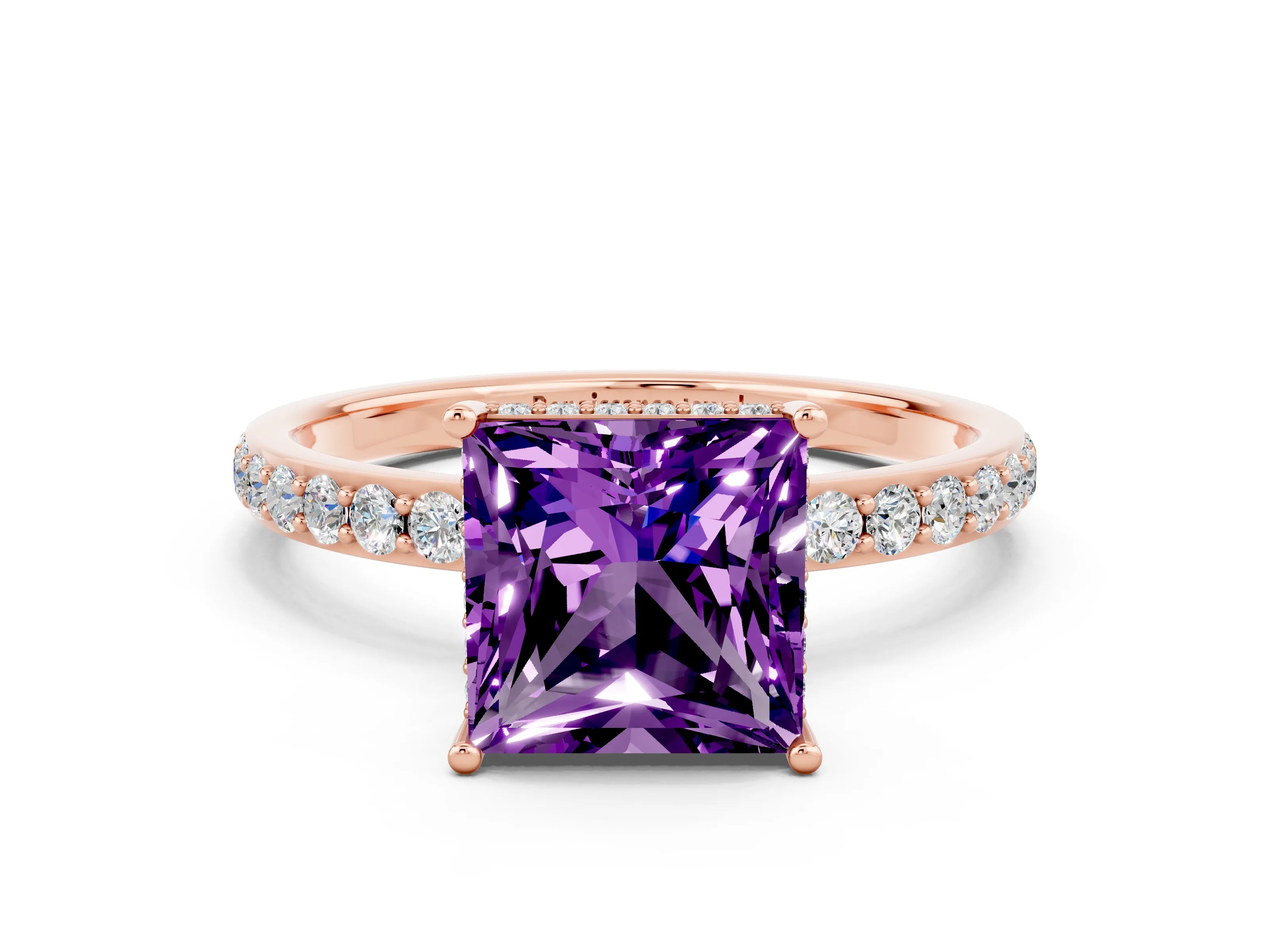 Rose gold Princess Cut Amethyst Solitaire Ring with Pavé Band and Hidden Halo_12