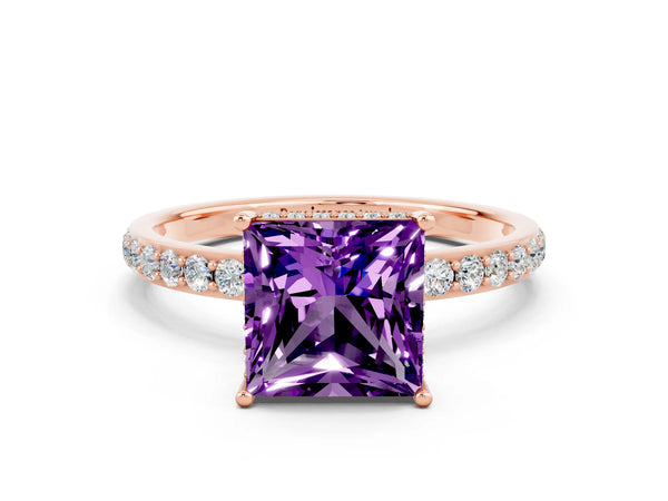 Rose gold Princess Cut Amethyst Solitaire Ring with Pavé Band and Hidden Halo