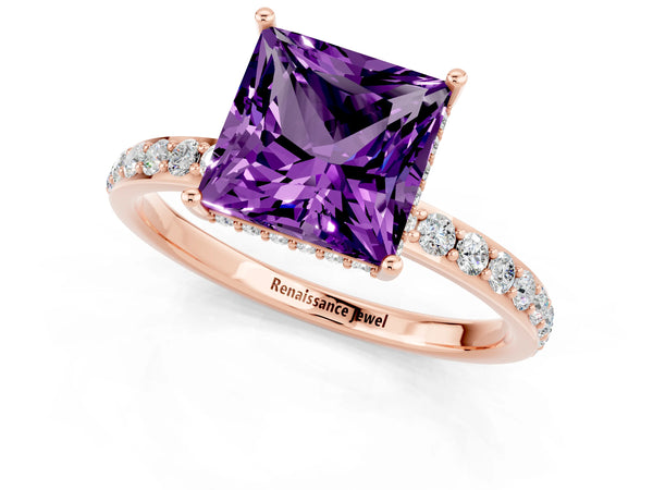 Rose gold Princess Cut Amethyst Solitaire Ring with Pavé Band and Hidden Halo