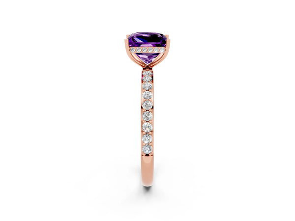 Rose gold Princess Cut Amethyst Solitaire Ring with Pavé Band and Hidden Halo
