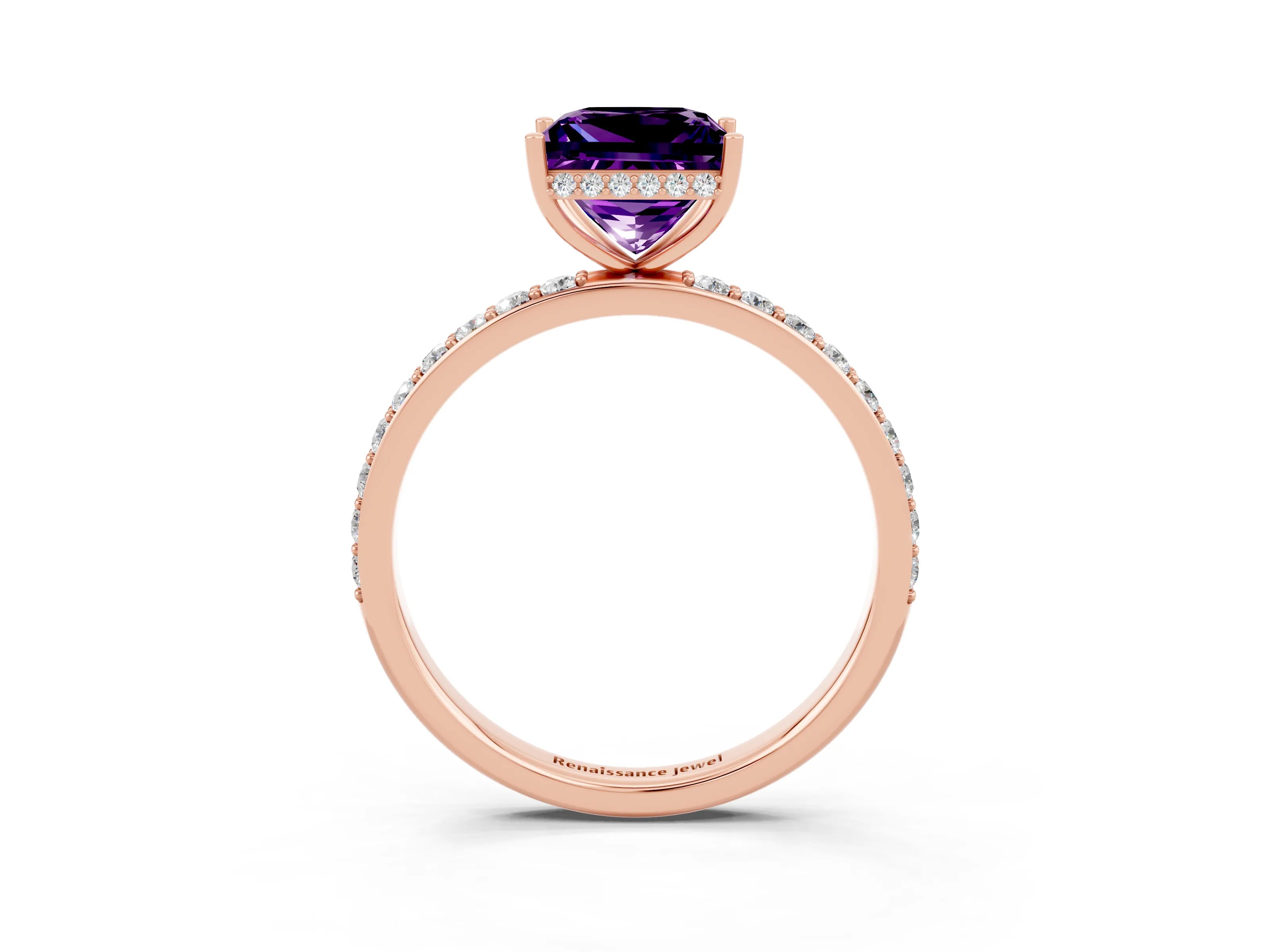 Rose gold Princess Cut Amethyst Solitaire Ring with Pavé Band and Hidden Halo_15