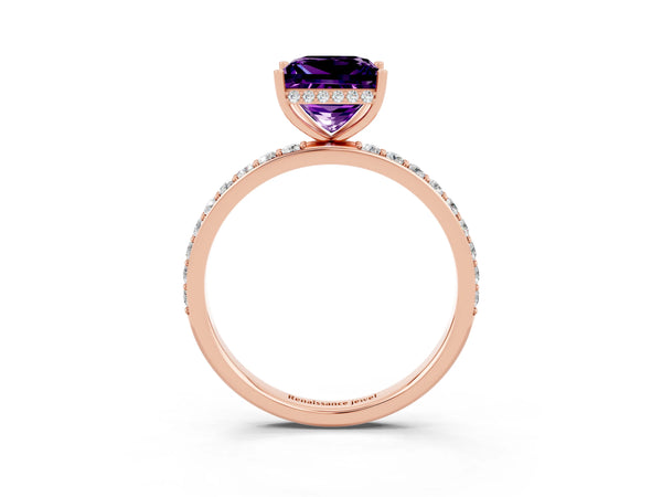 Rose gold Princess Cut Amethyst Solitaire Ring with Pavé Band and Hidden Halo