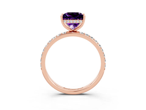 Rose gold Princess Cut Amethyst Solitaire Ring with Pavé Band and Hidden Halo_15