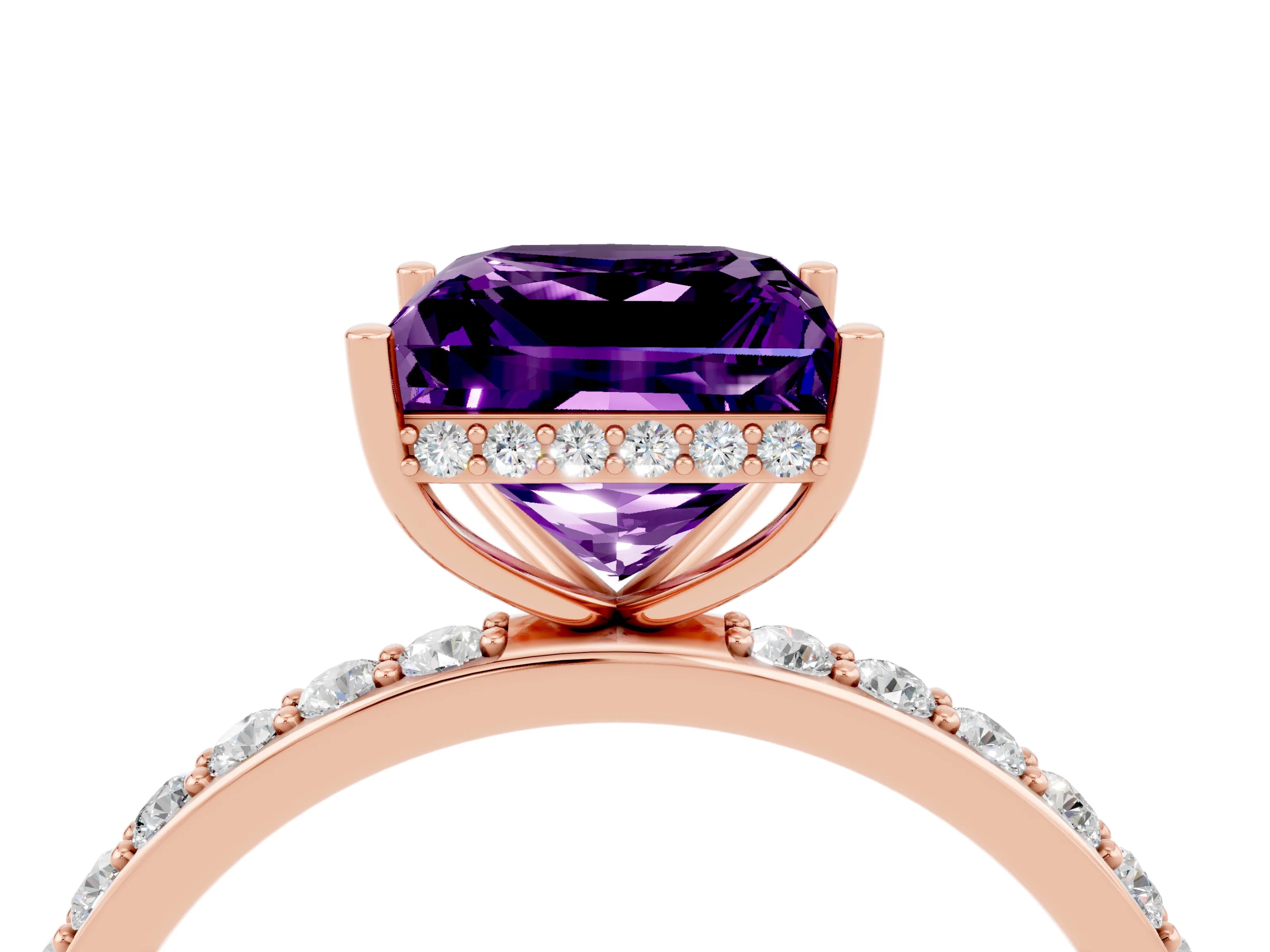 Rose gold Princess Cut Amethyst Solitaire Ring with Pavé Band and Hidden Halo_16