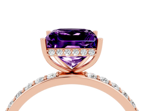 Rose gold Princess Cut Amethyst Solitaire Ring with Pavé Band and Hidden Halo_16