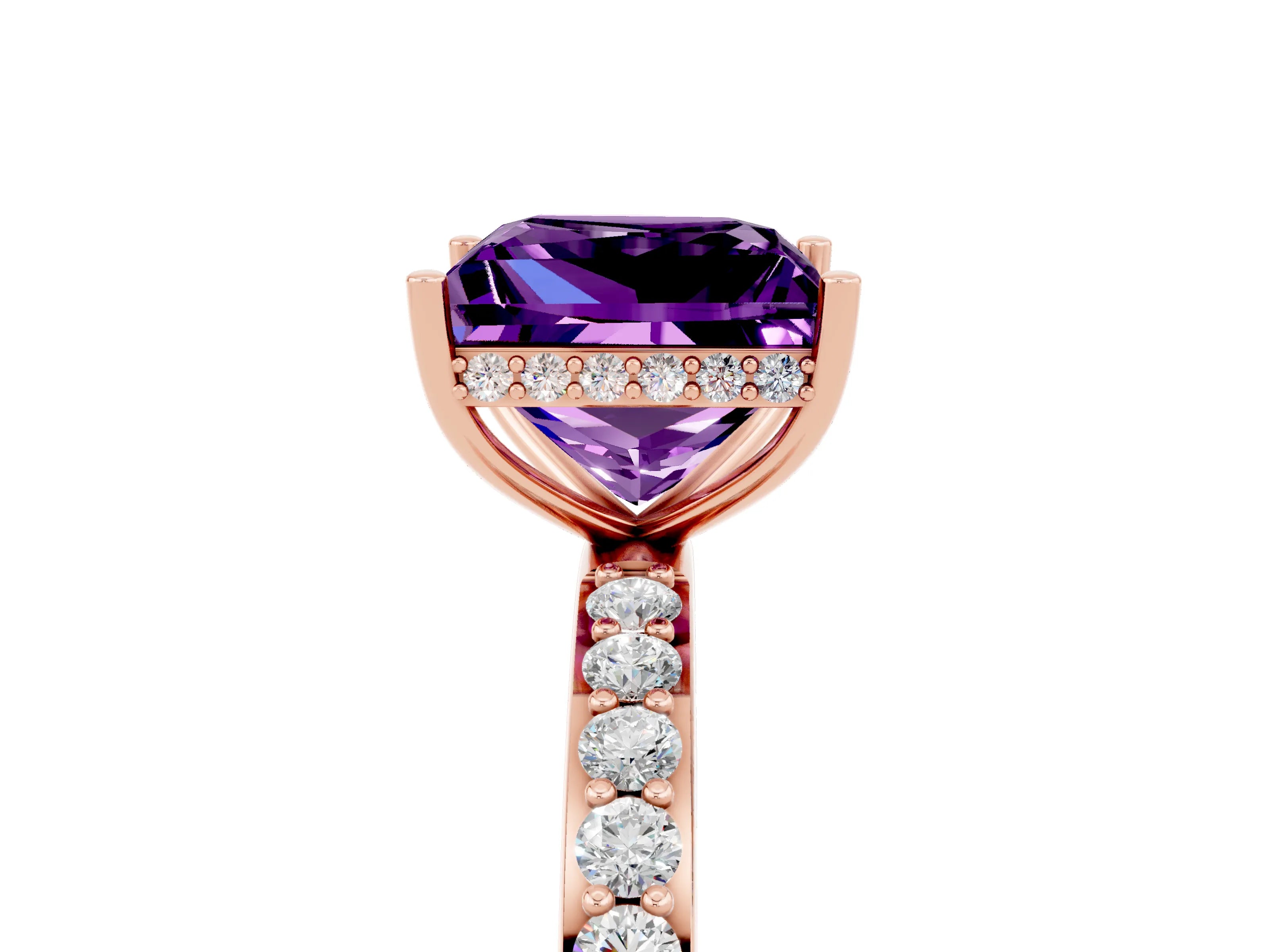 Rose gold Princess Cut Amethyst Solitaire Ring with Pavé Band and Hidden Halo_17