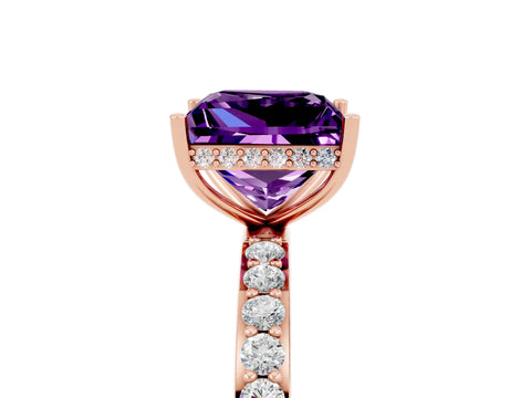 Rose gold Princess Cut Amethyst Solitaire Ring with Pavé Band and Hidden Halo_17
