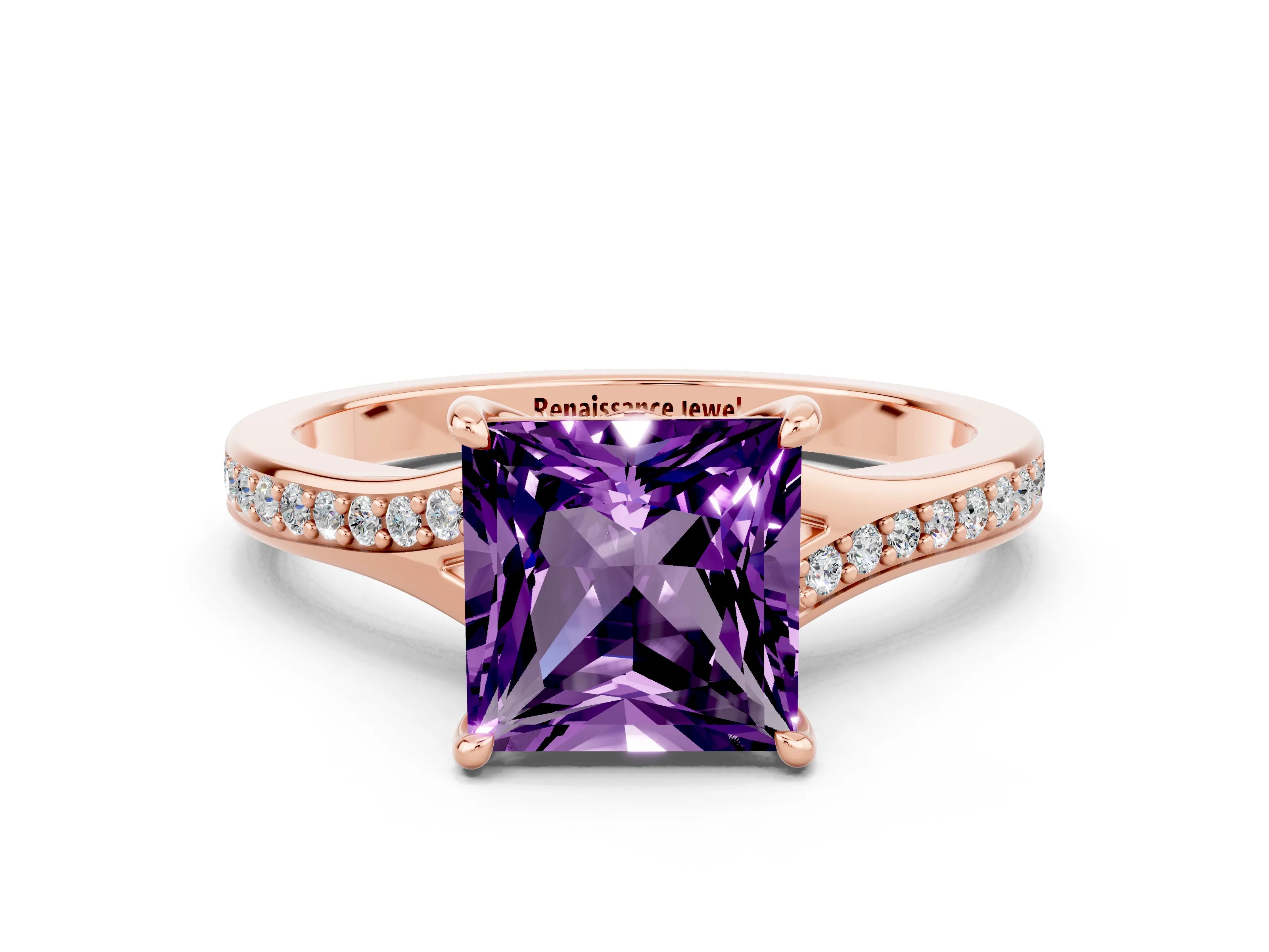 Rose gold Princess Cut Amethyst Solitaire Ring with Pavé Band and Prong Setting_12