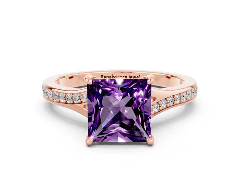 Rose gold Princess Cut Amethyst Solitaire Ring with Pavé Band and Prong Setting_12