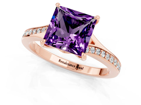 Rose gold Princess Cut Amethyst Solitaire Ring with Pavé Band and Prong Setting_13
