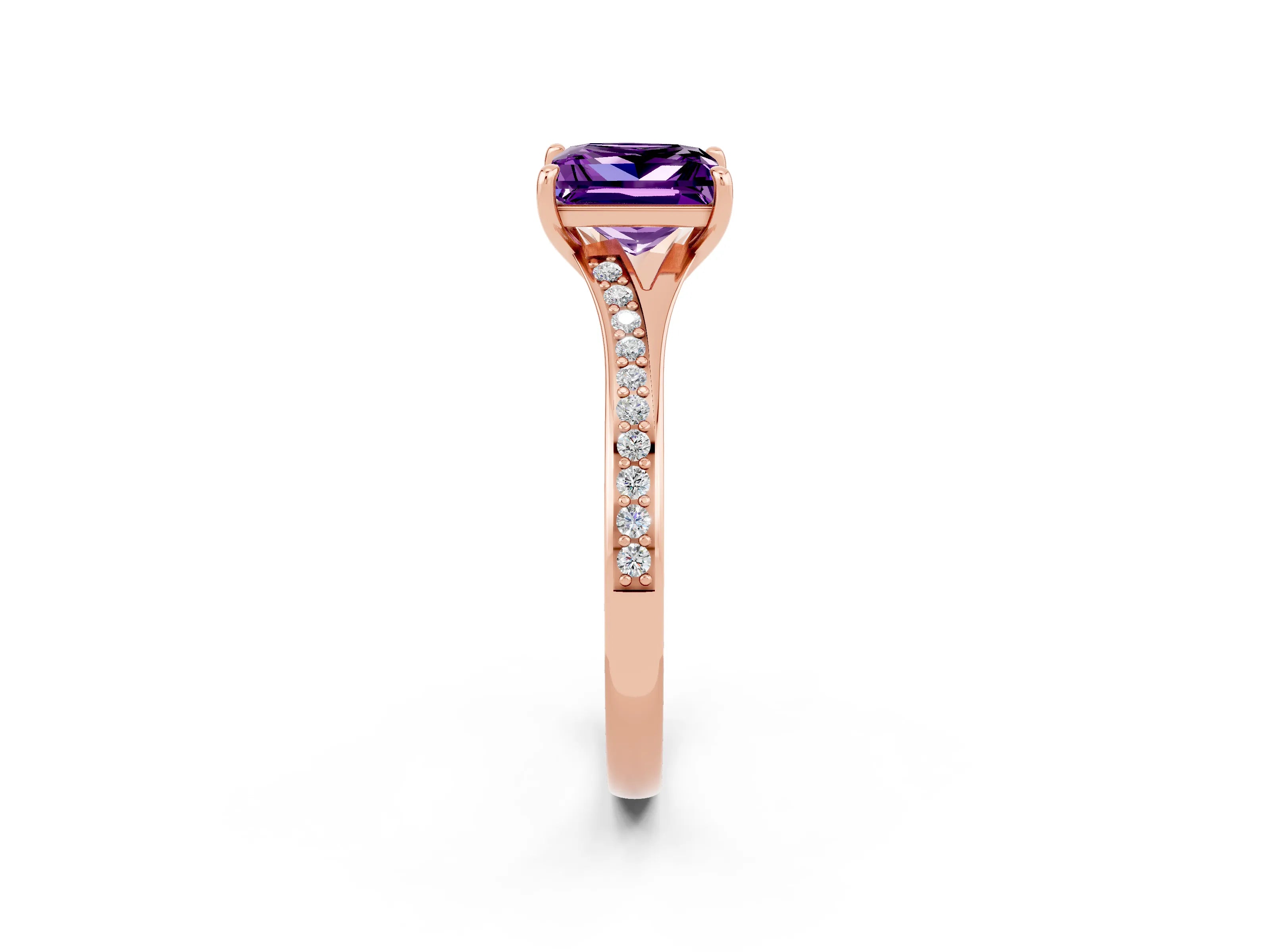 Rose gold Princess Cut Amethyst Solitaire Ring with Pavé Band and Prong Setting_14