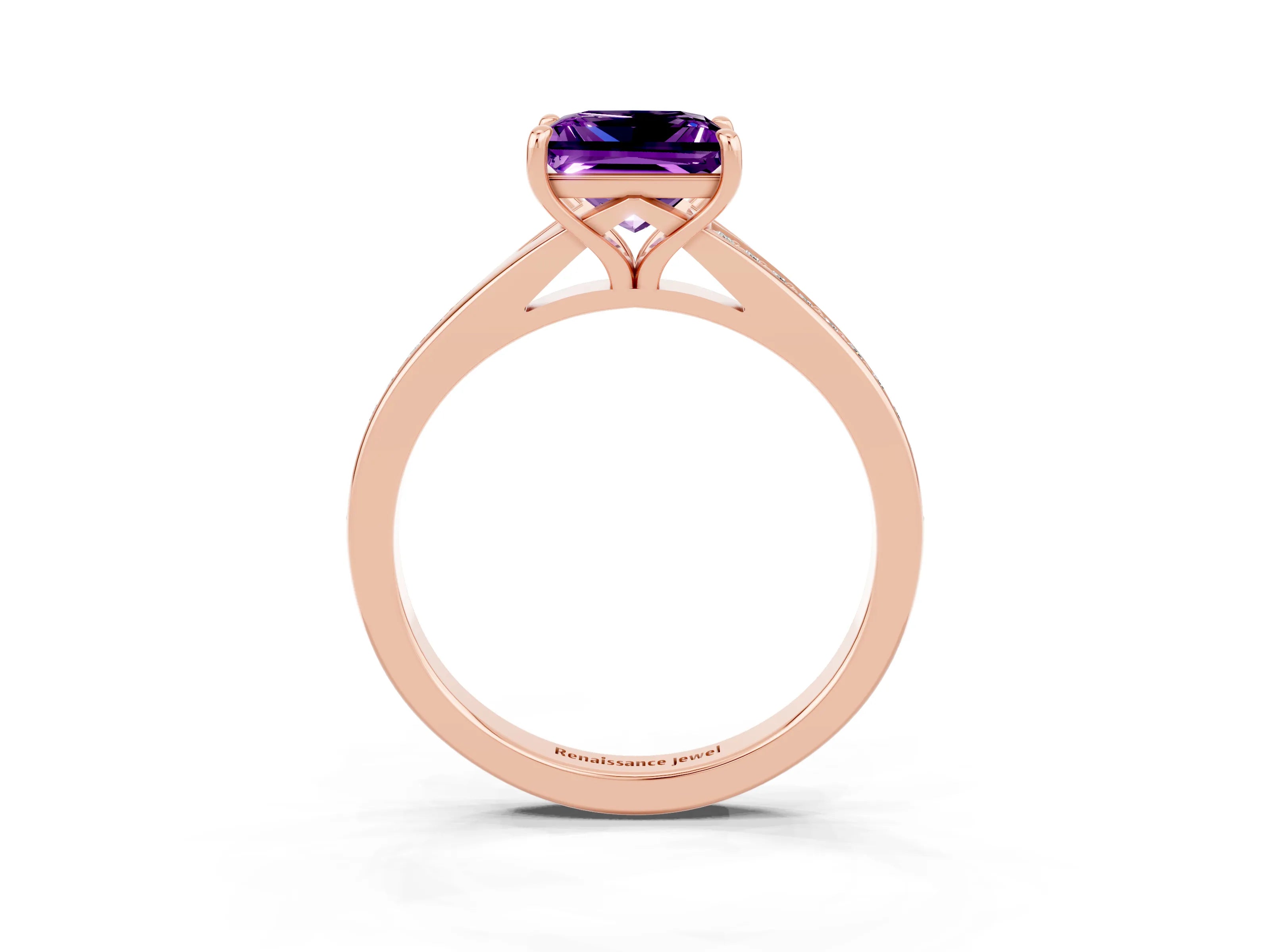Rose gold Princess Cut Amethyst Solitaire Ring with Pavé Band and Prong Setting_15