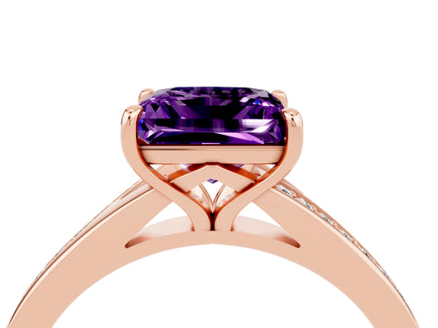 Rose gold Princess Cut Amethyst Solitaire Ring with Pavé Band and Prong Setting_16