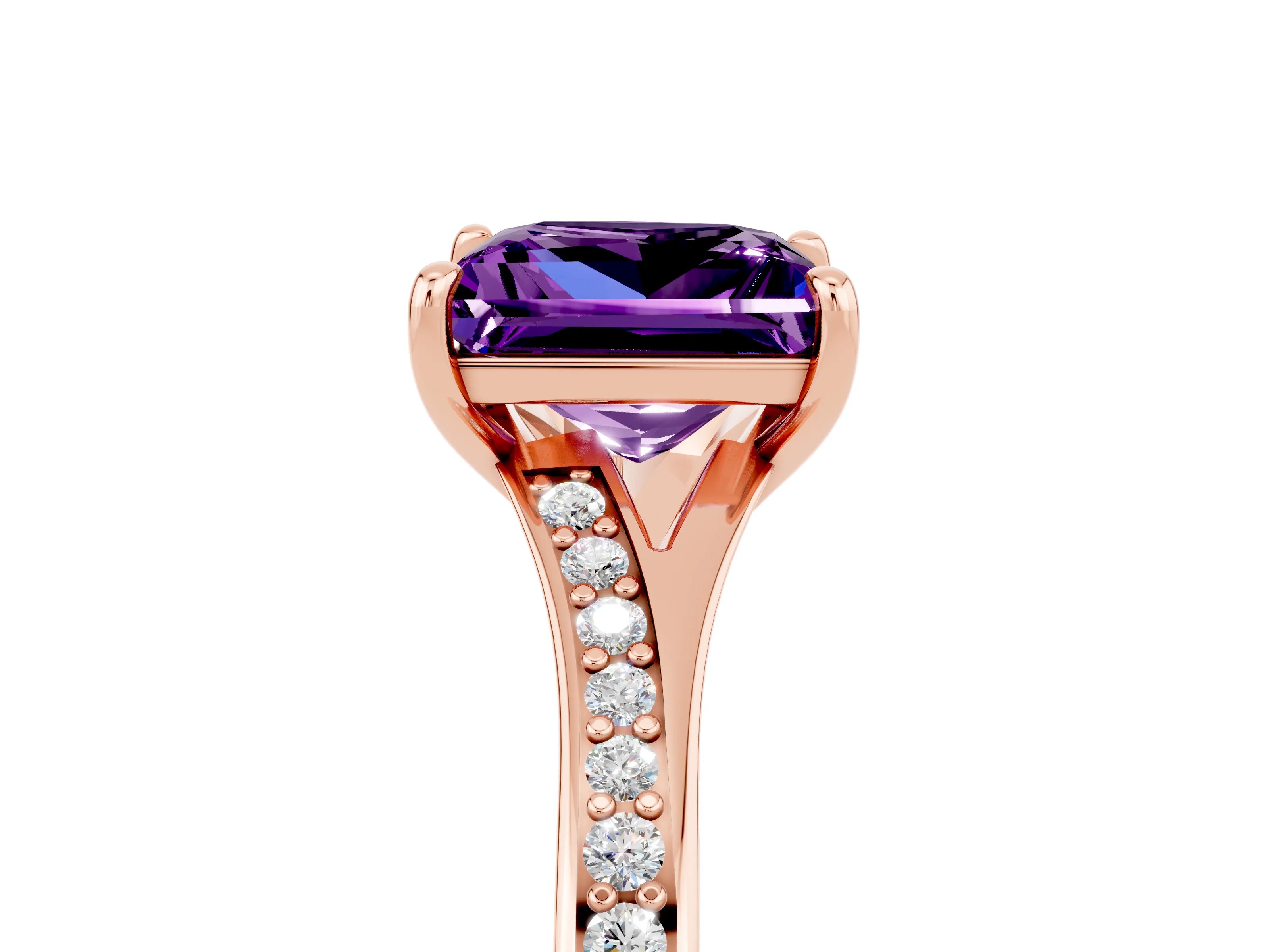 Rose gold Princess Cut Amethyst Solitaire Ring with Pavé Band and Prong Setting_17