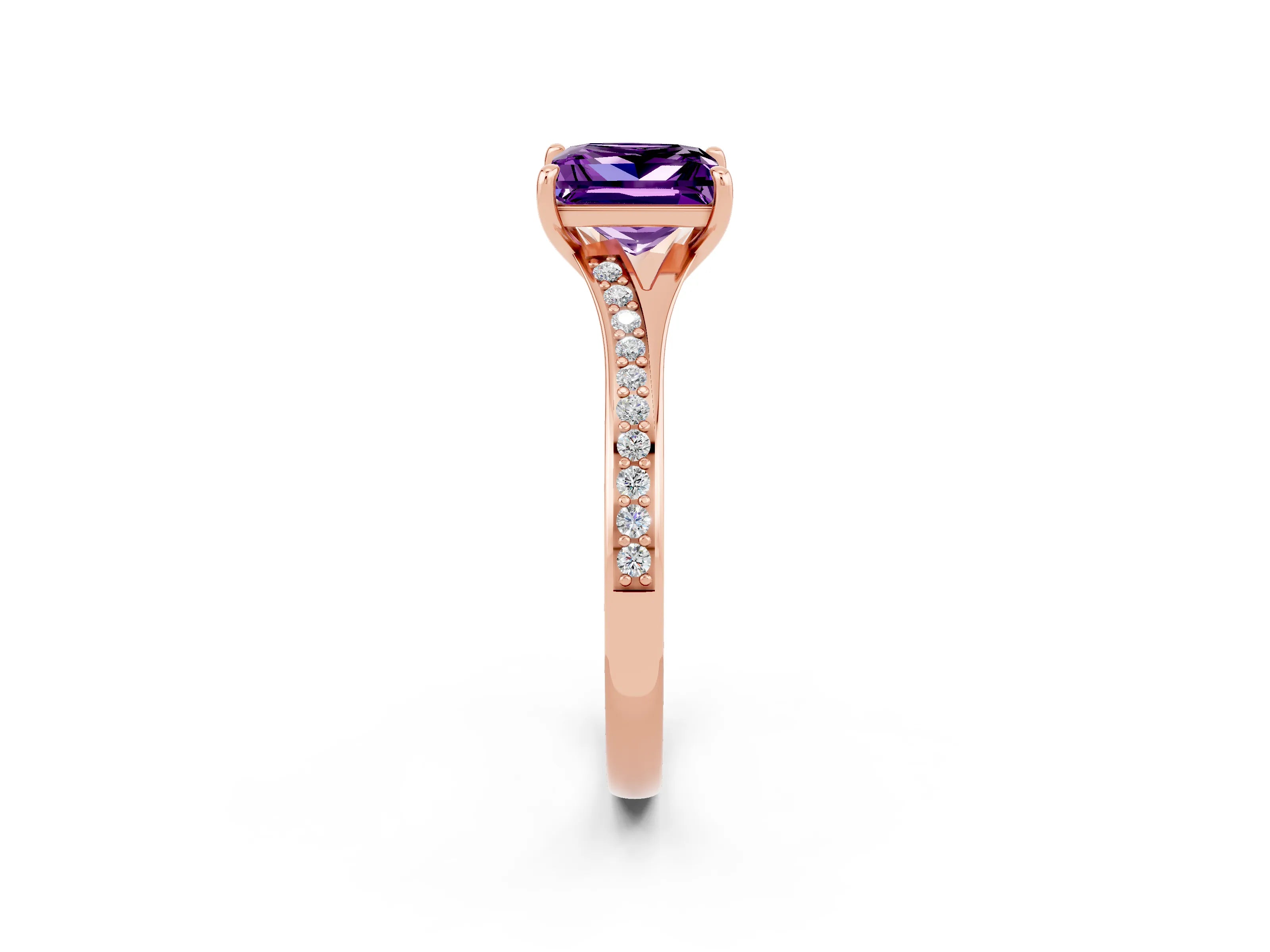 Rose gold Princess Cut Amethyst Solitaire Ring with Pavé Band and Prong Setting_2