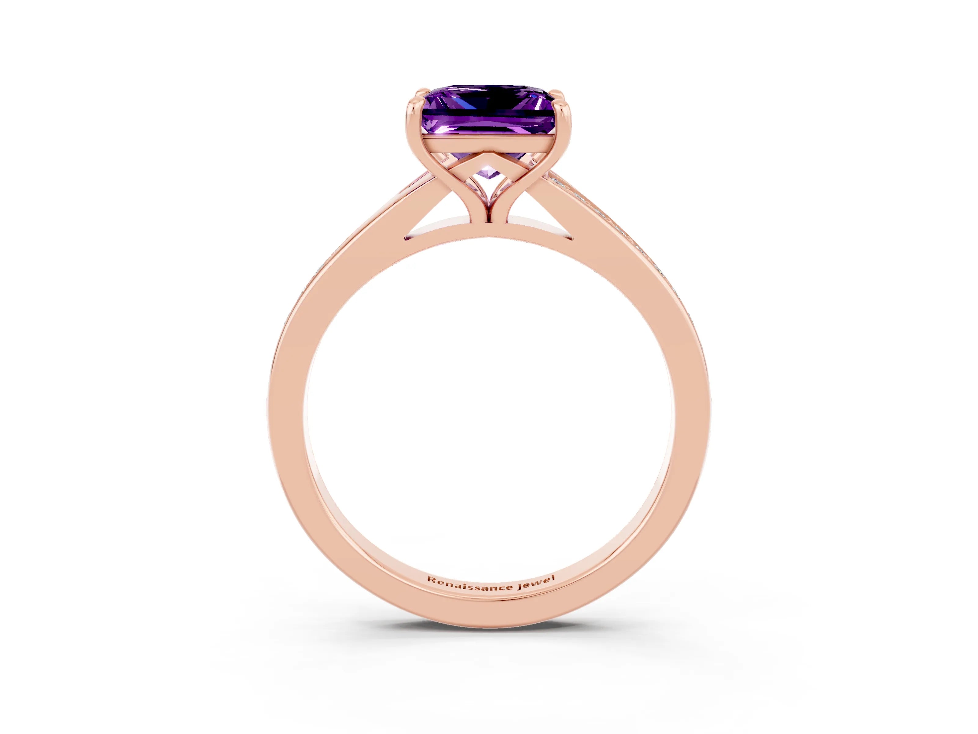 Rose gold Princess Cut Amethyst Solitaire Ring with Pavé Band and Prong Setting_3