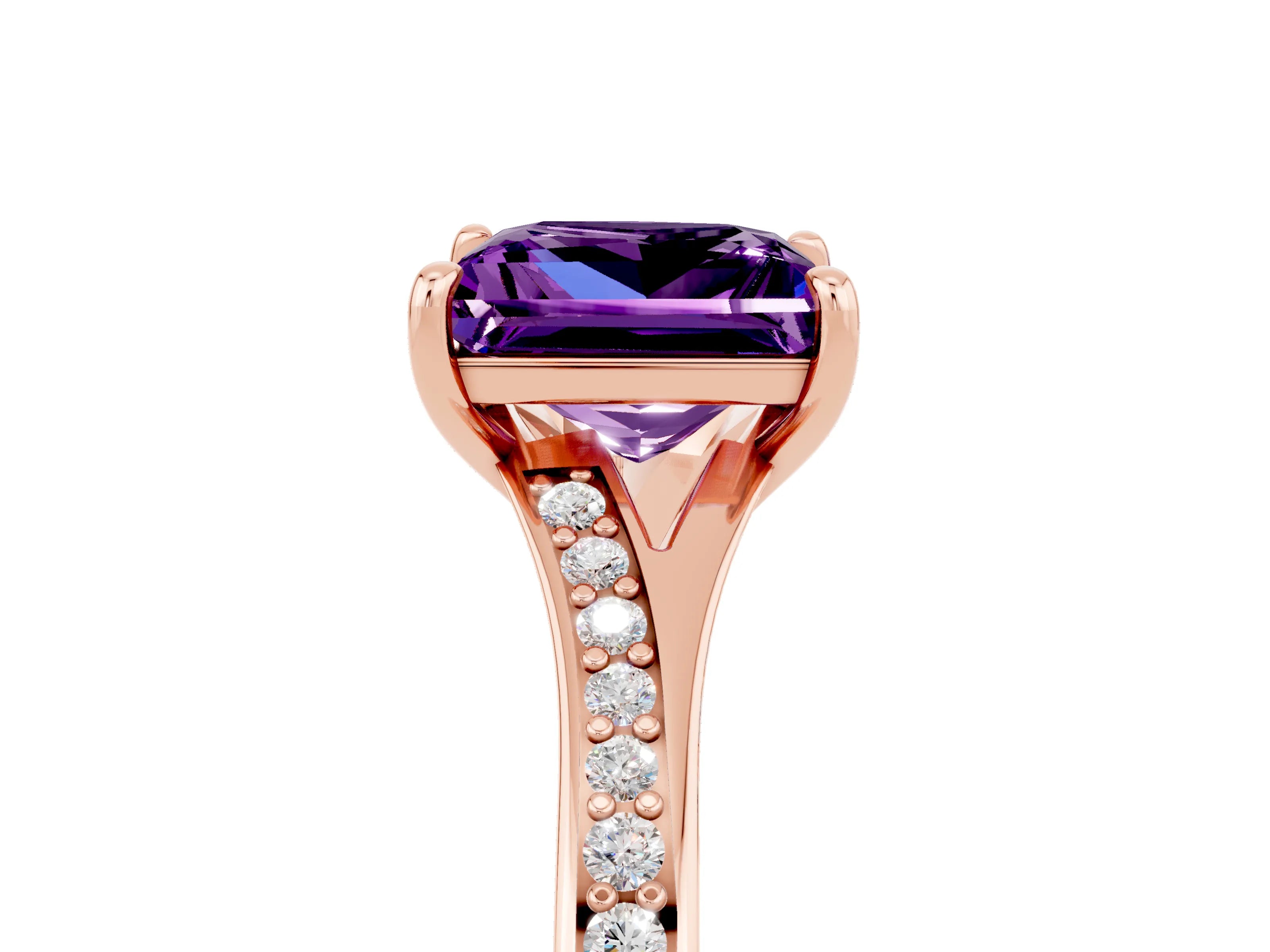 Rose gold Princess Cut Amethyst Solitaire Ring with Pavé Band and Prong Setting_5
