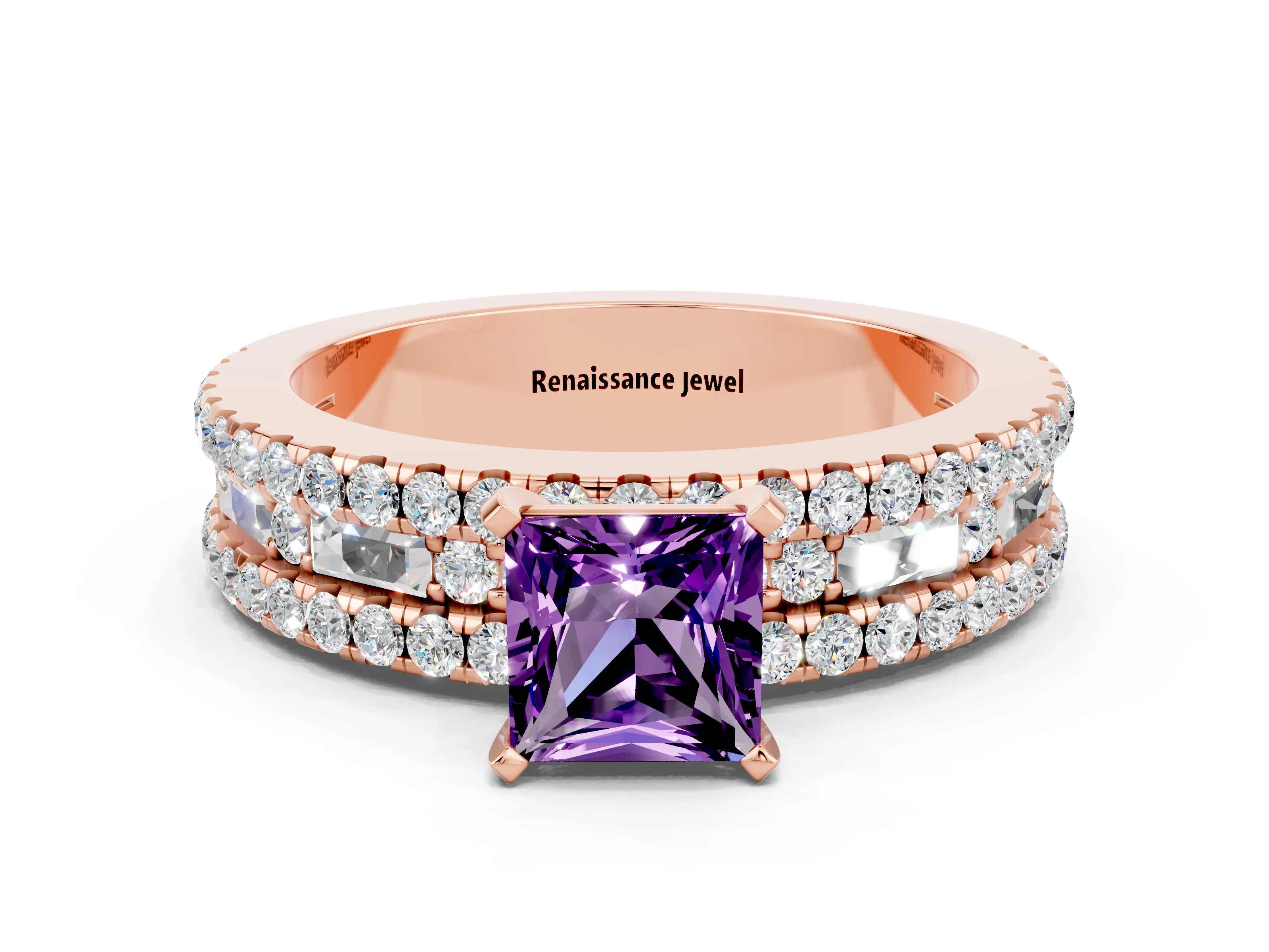 Rose gold Princess Cut Amethyst Solitaire Ring with Pavé and Channel Set Band