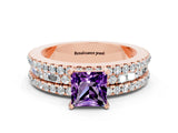 Rose gold Princess Cut Amethyst Solitaire Ring with Pavé and Channel Set Band