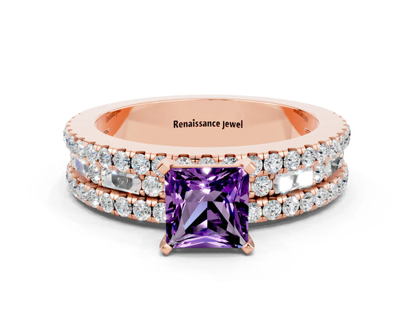 Rose gold Princess Cut Amethyst Solitaire Ring with Pavé and Channel Set Band