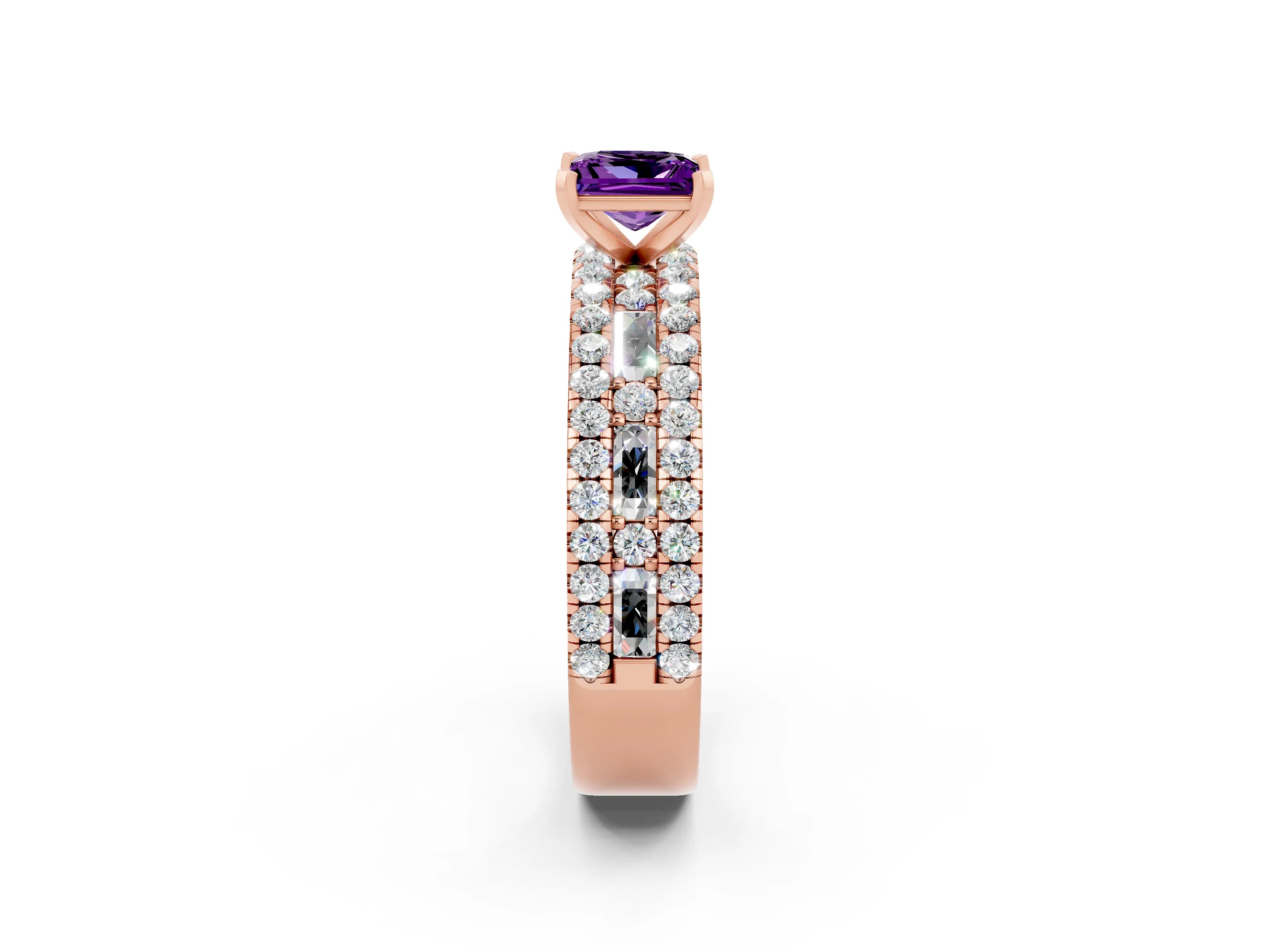 Rose gold Princess Cut Amethyst Solitaire Ring with Pavé and Channel Set Band_2