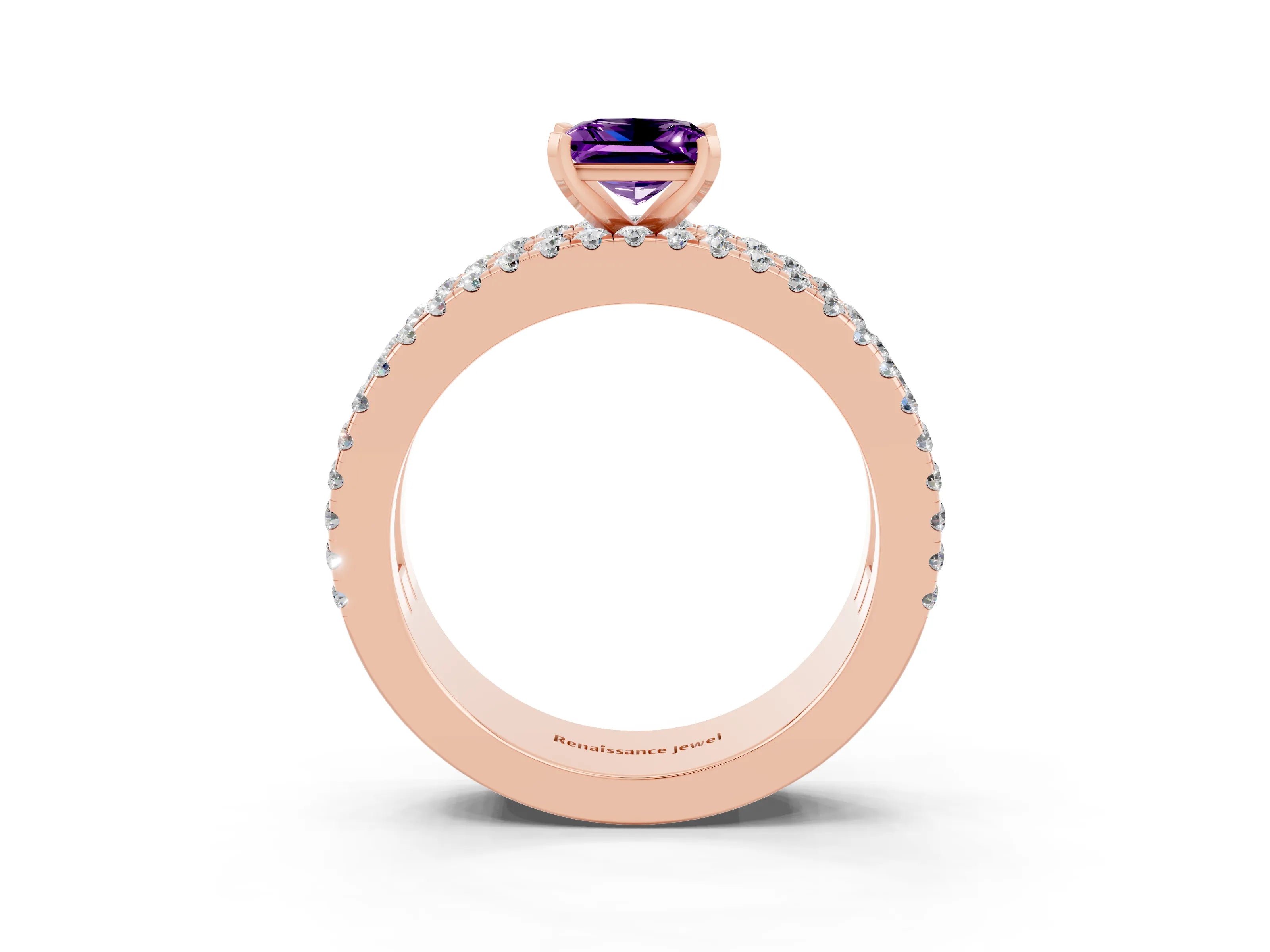 Rose gold Princess Cut Amethyst Solitaire Ring with Pavé and Channel Set Band_3