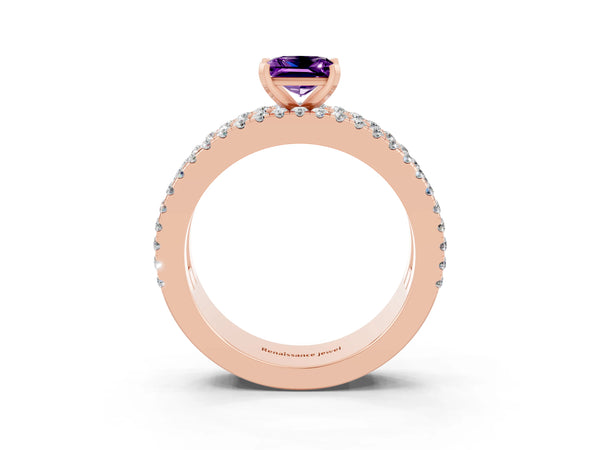 Rose gold Princess Cut Amethyst Solitaire Ring with Pavé and Channel Set Band