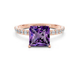 Rose gold Princess Cut Amethyst Solitaire Ring with Pave Band and Four Prong Setting_12