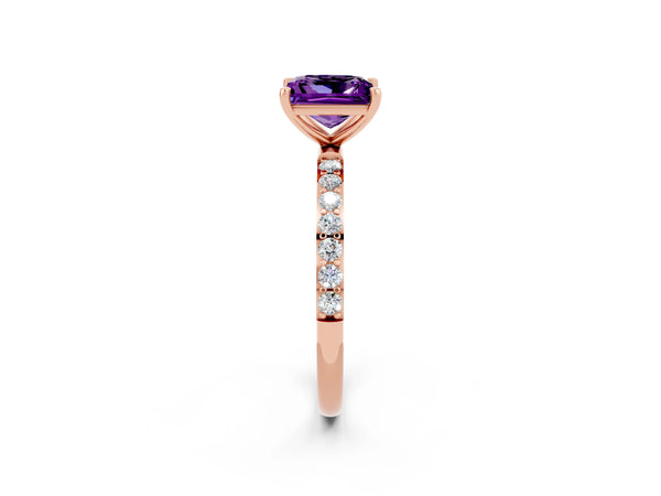 Rose gold Princess Cut Amethyst Solitaire Ring with Round  Pavé Band and Prong Setting