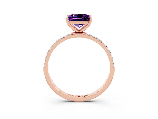 Rose gold Princess Cut Amethyst Solitaire Ring with Round  Pavé Band and Prong Setting