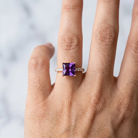 Rose gold Princess Cut Amethyst Solitaire Ring with Round  Pavé Band and Four-Prong Setting_30
