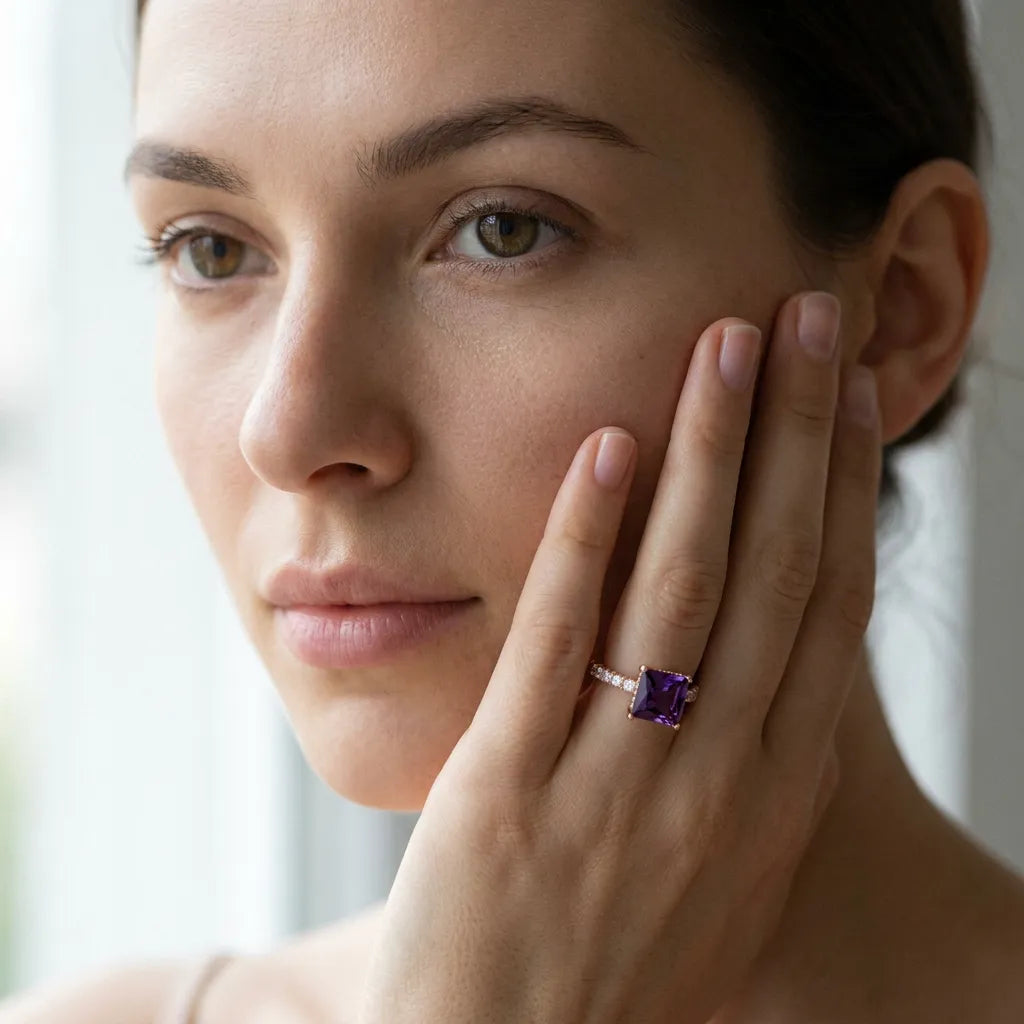 Rose gold Princess Cut Amethyst Solitaire Ring with Round  Pavé Band and Four-Prong Setting_31