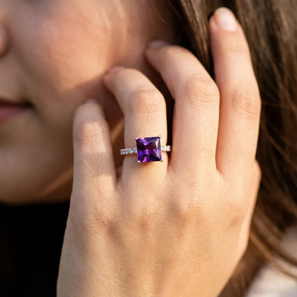 Rose gold Princess Cut Amethyst Solitaire Ring with Round  Pavé Band and Four-Prong Setting_32