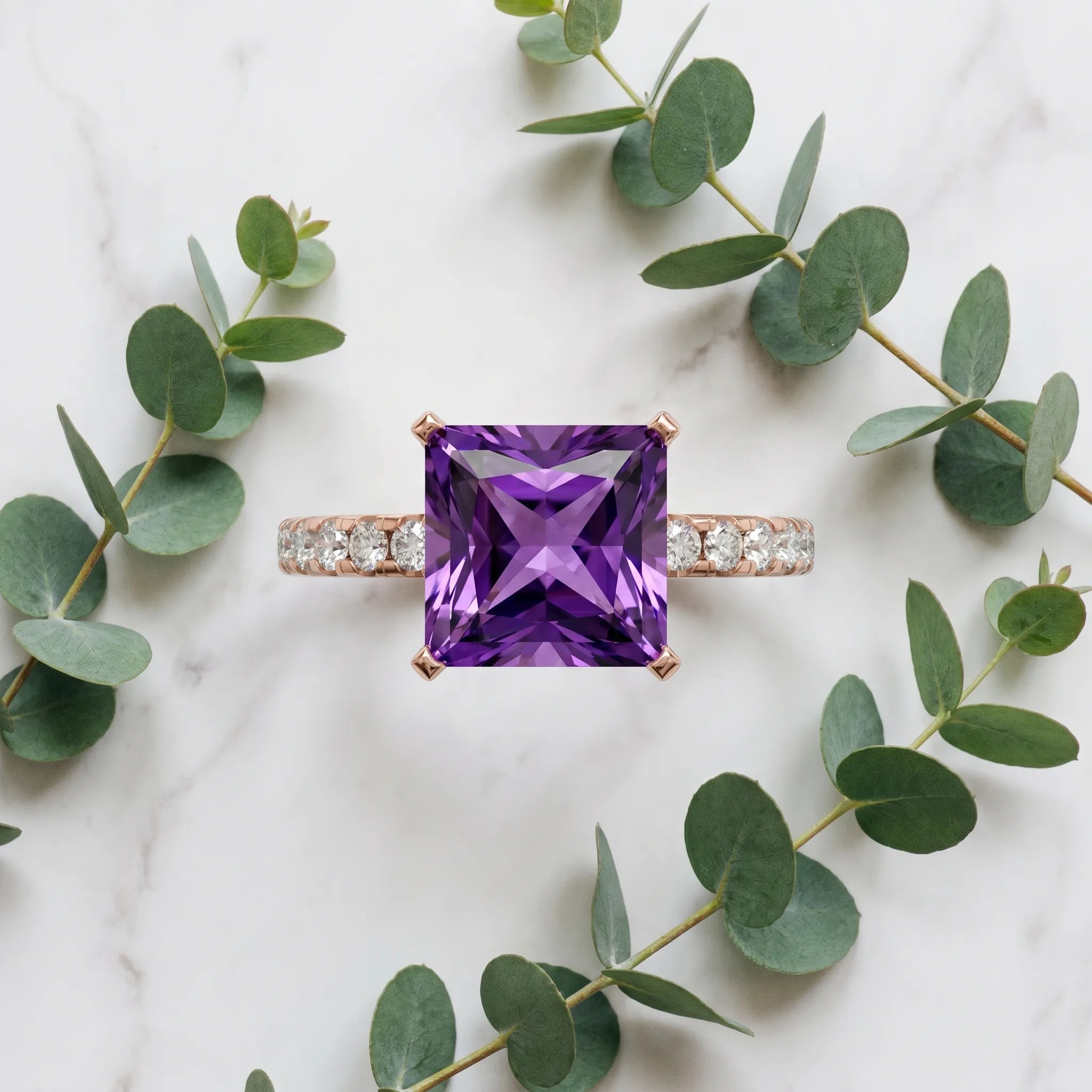 Rose gold Princess Cut Amethyst Solitaire Ring with Round  Pavé Band and Four-Prong Setting_33