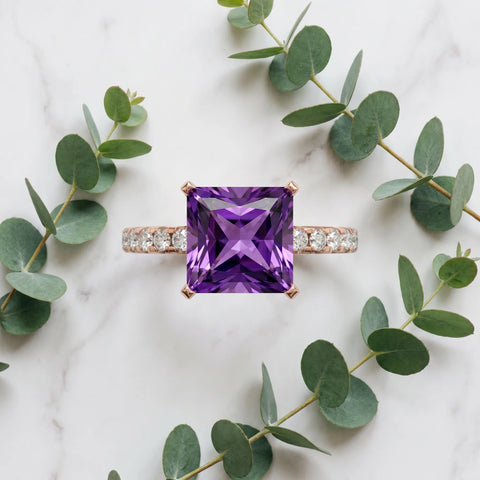 Rose gold Princess Cut Amethyst Solitaire Ring with Round  Pavé Band and Four-Prong Setting_33